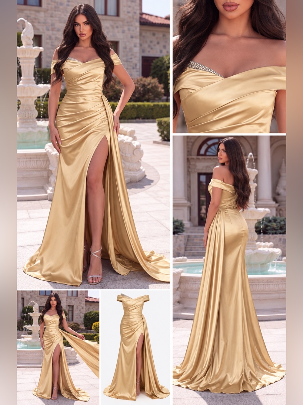 Faeriesty Champagne Gold Off Shoulder Satin Formal Gown High Slit